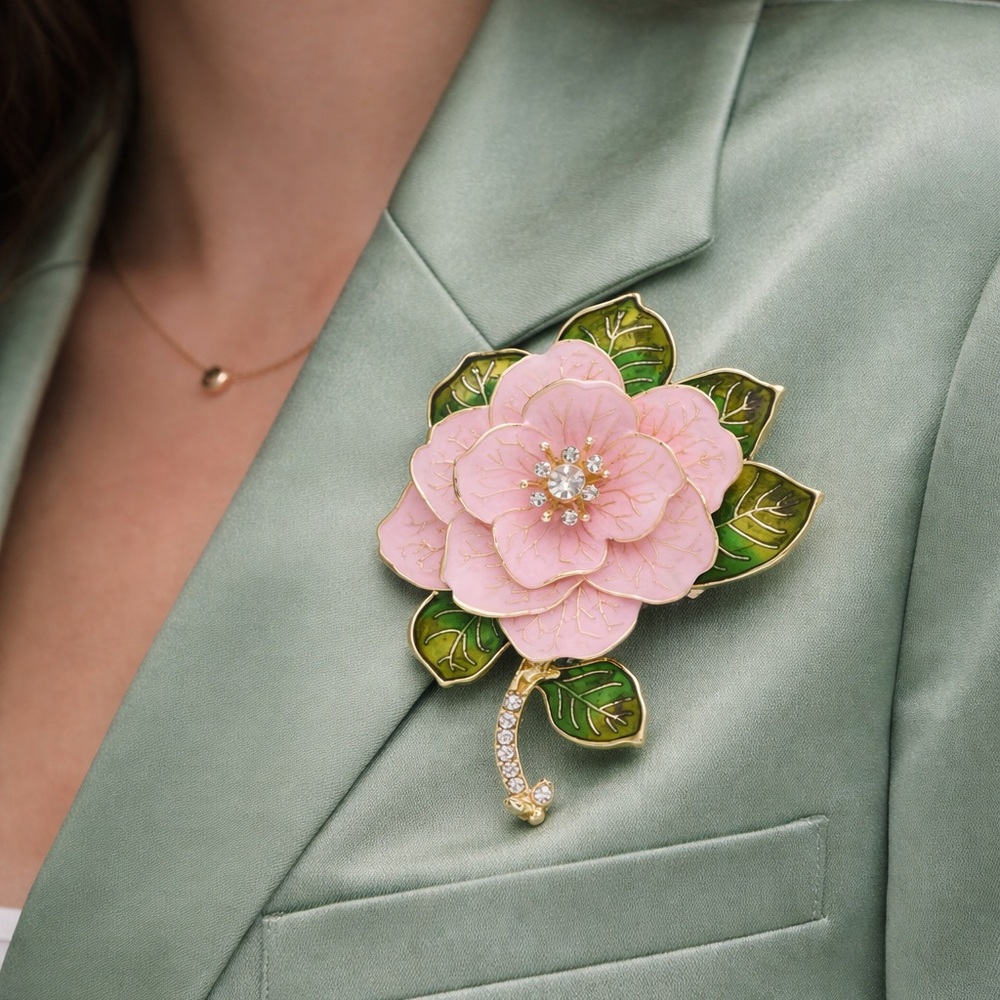 Luxury Pink Camellia Brooch – Gold Enamel Floral Pin with Crystals